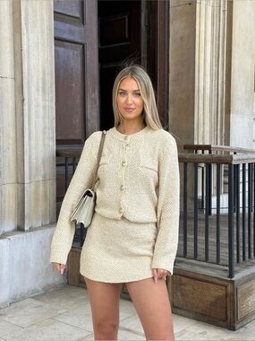 H&M Chic Cream Knit Cardigan (XS) and Skirt (S) Set